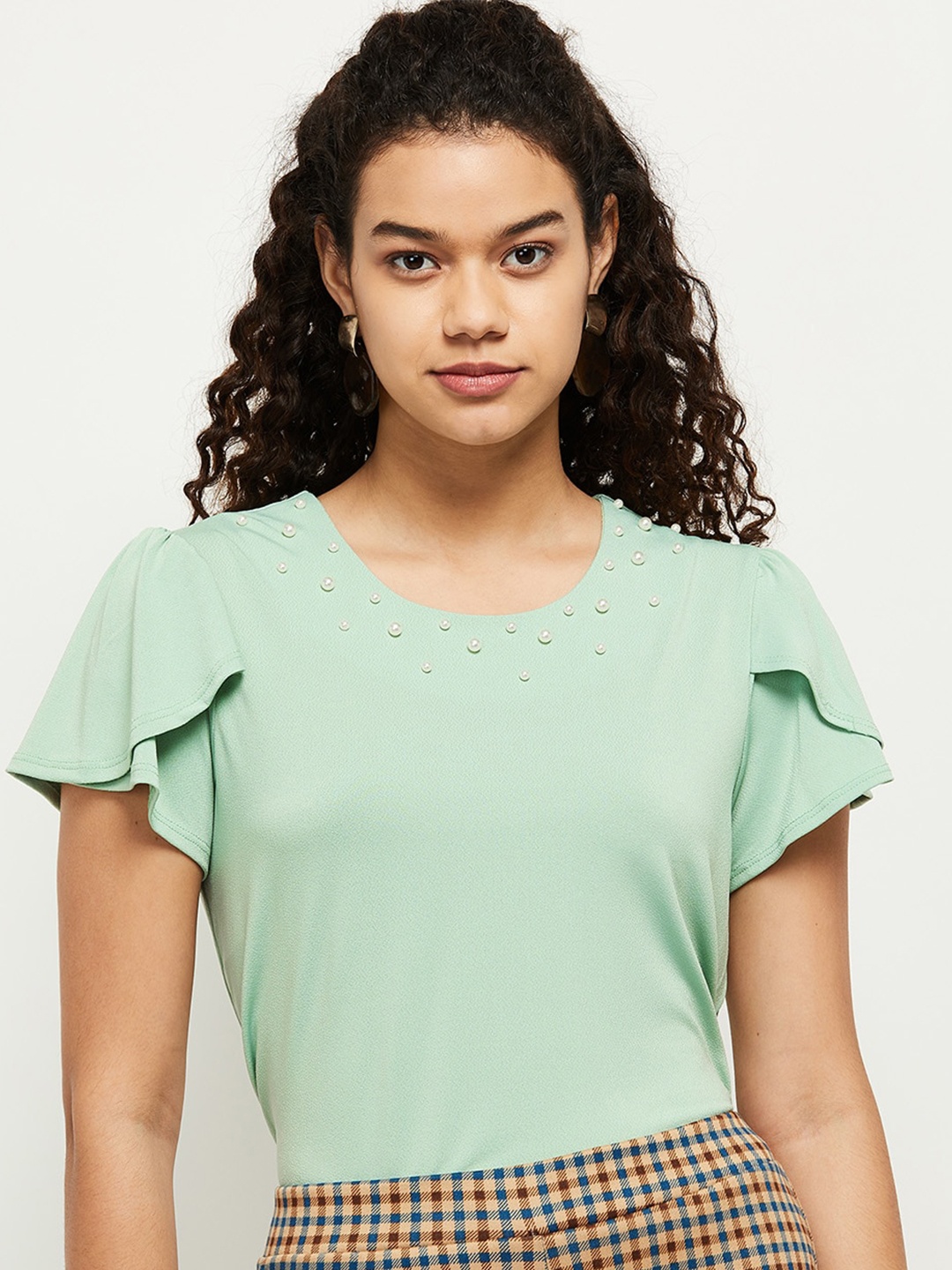 

max Women Green Solid Bead Work Top