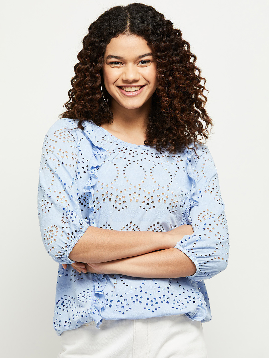

max Women Light Blue Self Design Regular Top