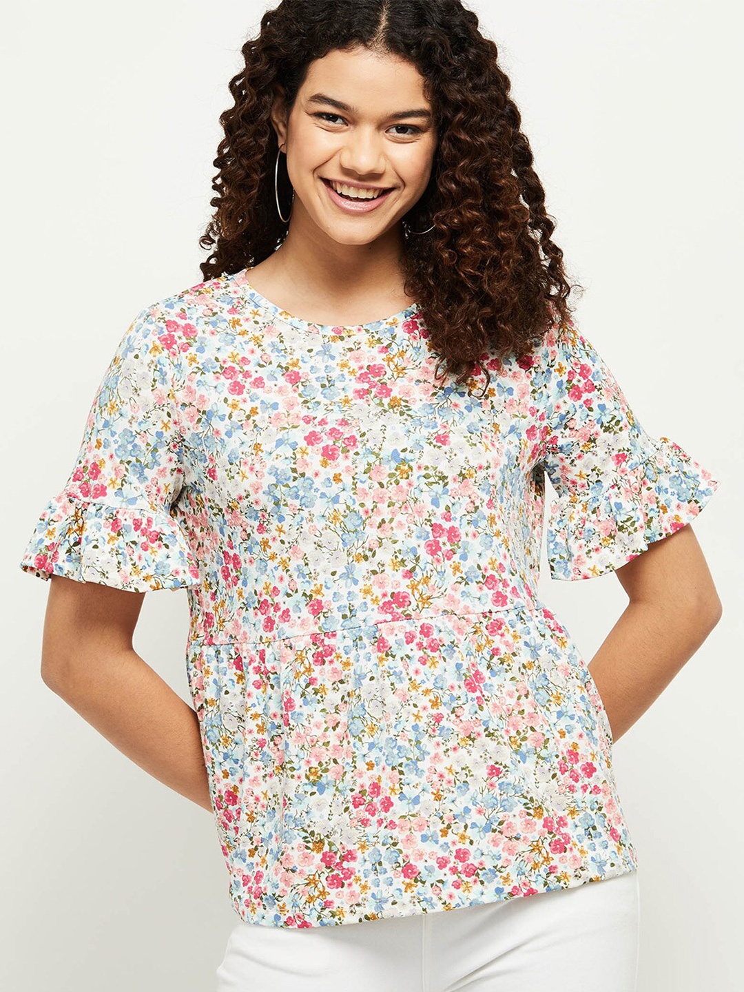 

max Women White & Pink Floral Print Top