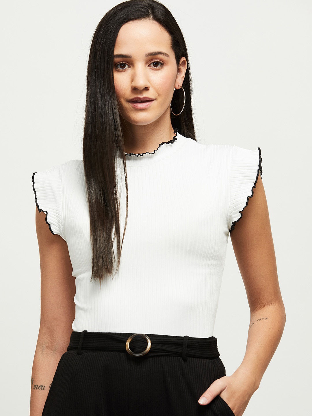

max Women White Solid Flutter Sleeve Raw Edge Top