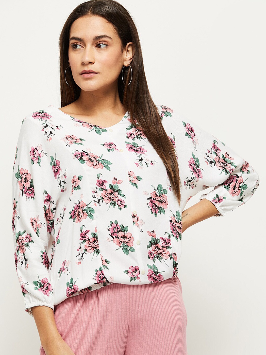 

max White & Pink Floral Print Extended Sleeves Blouson Top