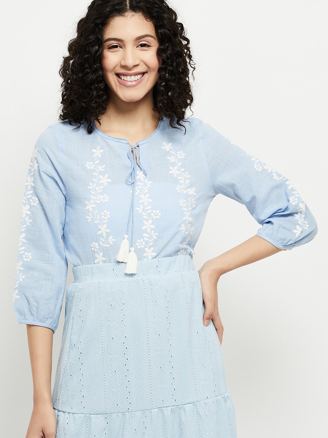 

max Blue & White Floral Embroidered Tie-Up Neck Top