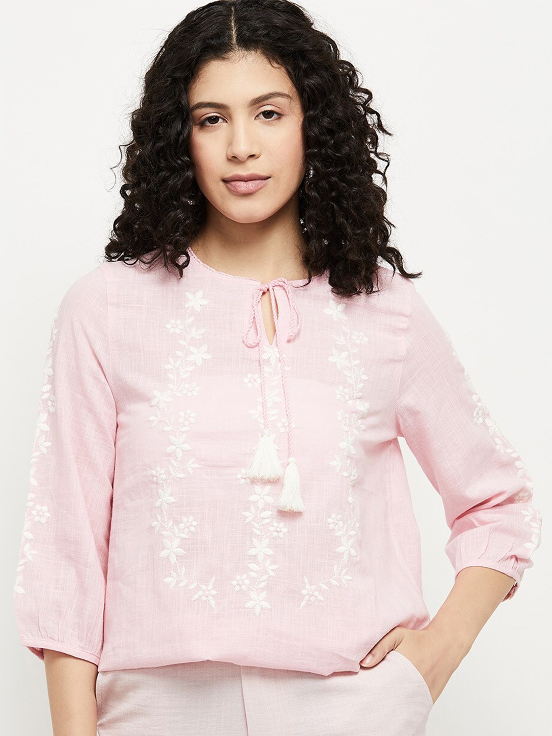 

max Pink Floral Embroidered Tie-Up Neck Blouson Top
