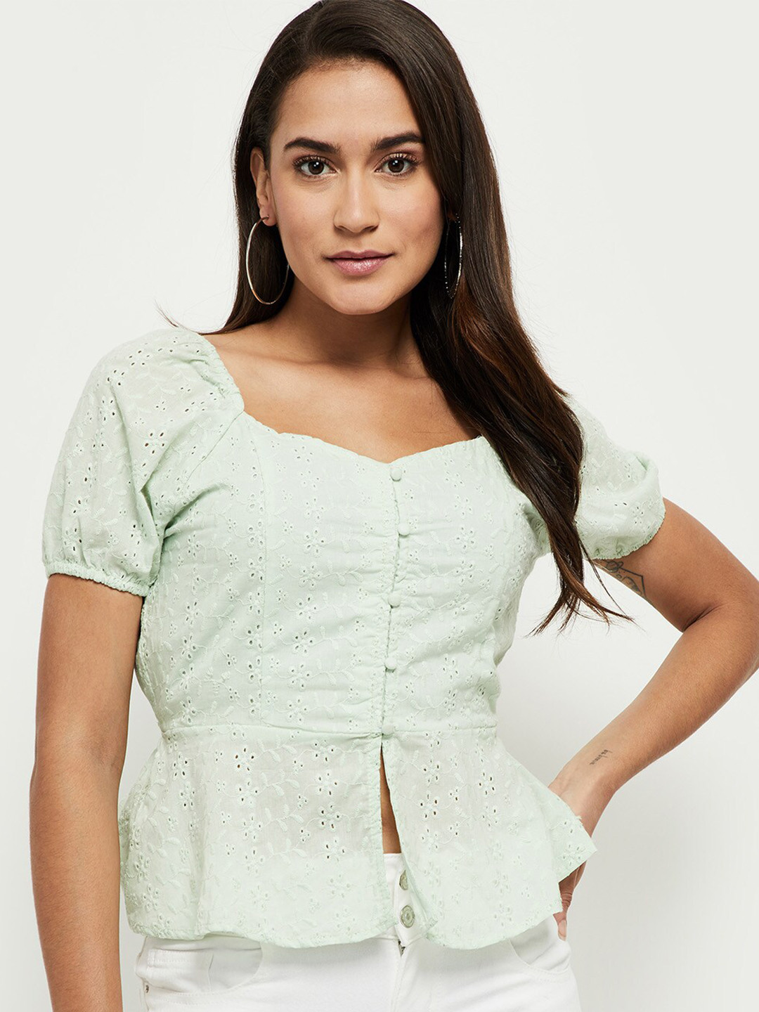

max Mint Green Puff Sleeves Schiffli Peplum Crop Top