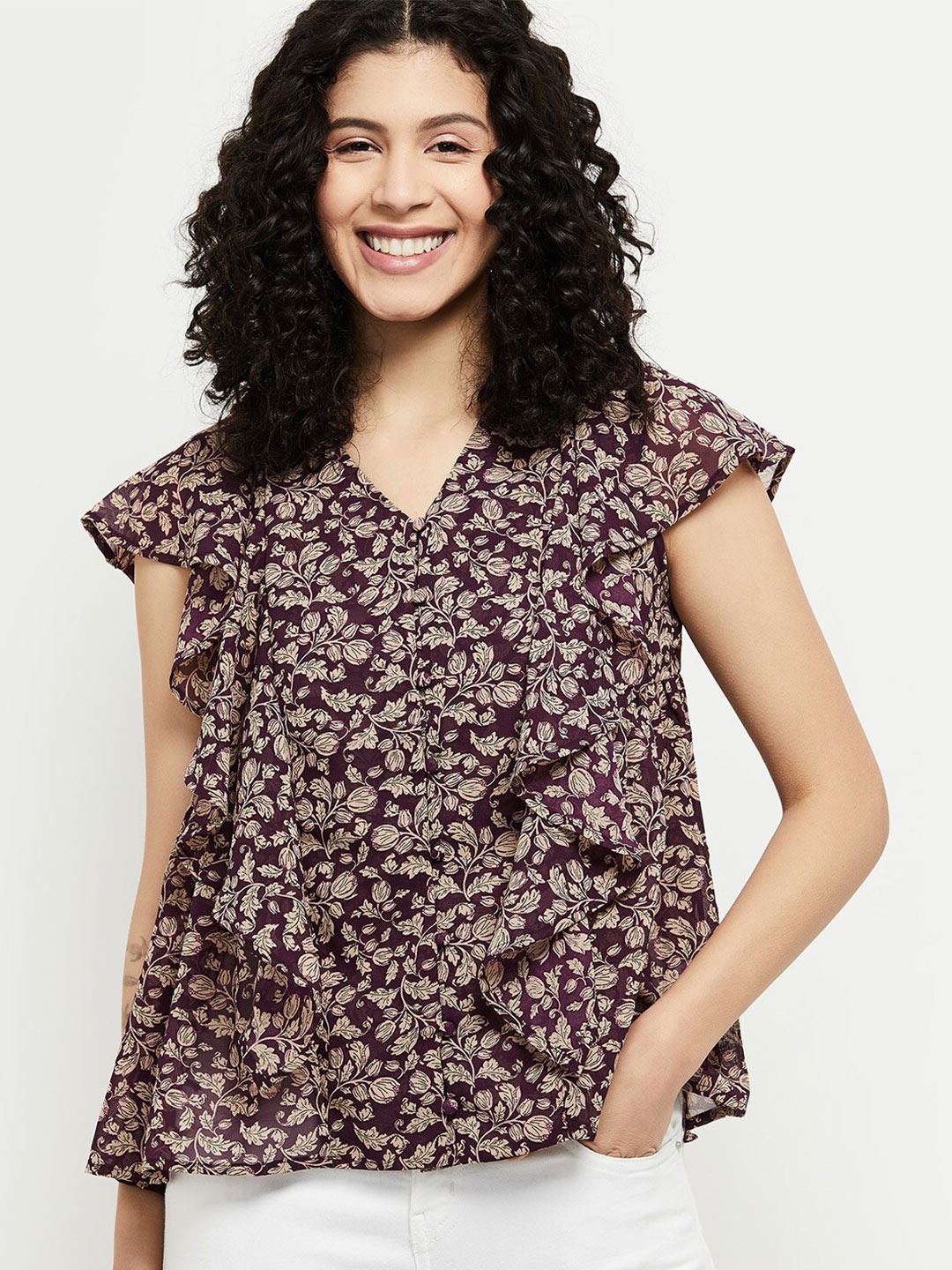 

max Burgundy & Beige Floral Print Ruffled A-line Top