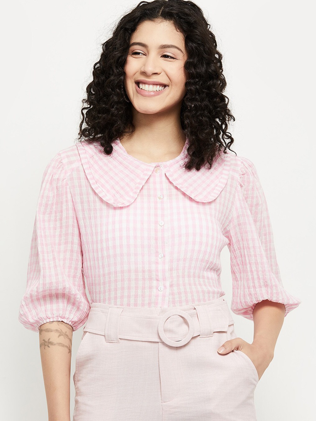 

max Women Pink Checked Peter Pan Collar Shirt Style Top