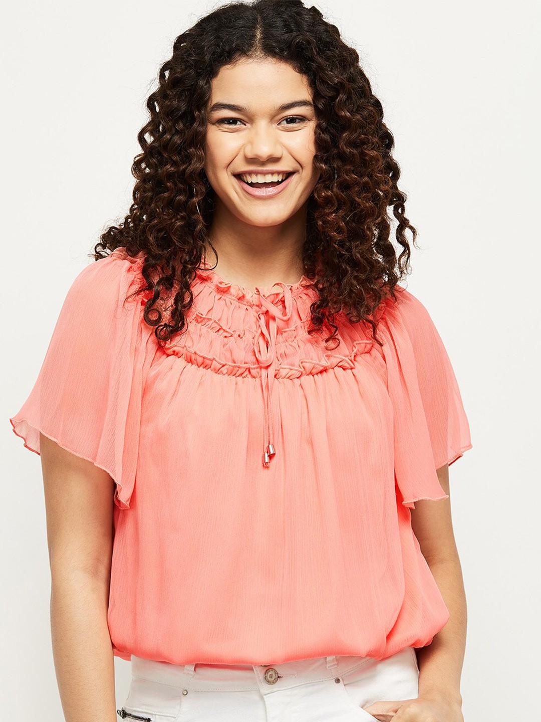 

max Women Coral Tie-Up Neck Ruffles Blouson Top