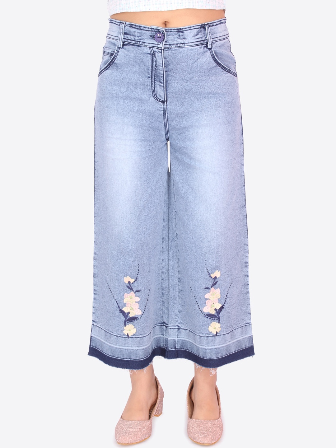 

CUTECUMBER Girls Blue Bootcut Heavy Fade Embroidered Stretchable Jeans