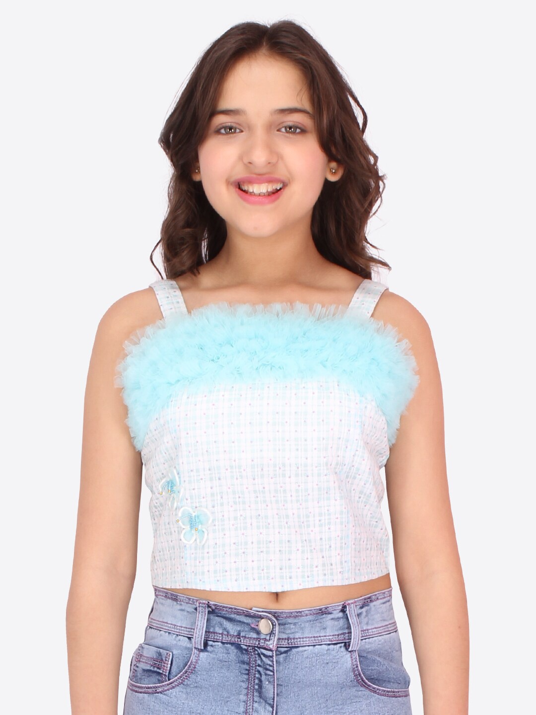 

CUTECUMBER Girls White & Blue Checked Ruffles Strappy Crop Top