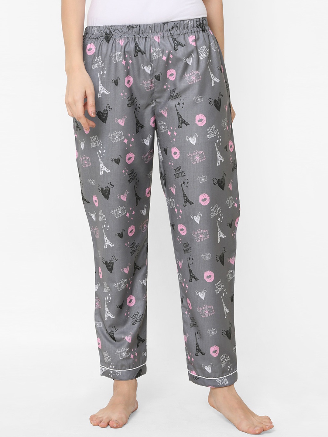 

NOIRA Women Grey & Pink Printed Mid-Rise Cotton Lounge Pants