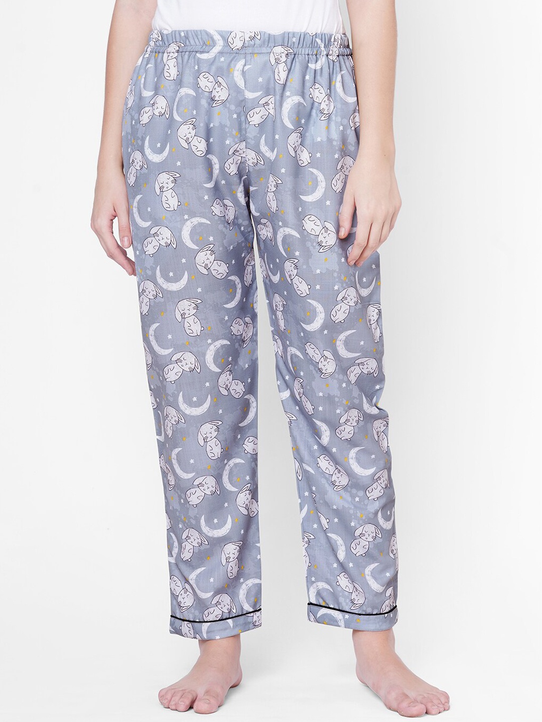 

NOIRA Women Grey Rabbit & Moon Printed Cotton Lounge Pants