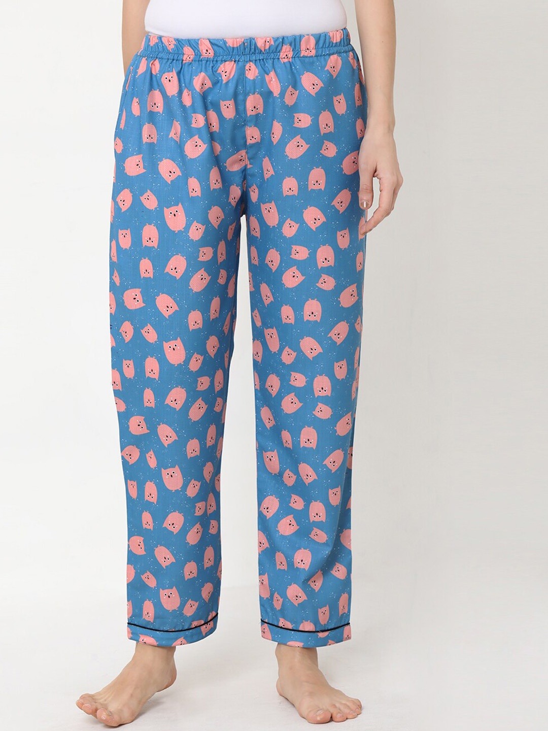

NOIRA Women Blue Owl Printed Cotton Lounge Pants