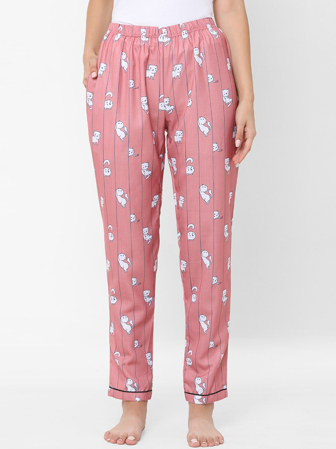 

NOIRA Women Pink & White Cat Printed Lounge Pants