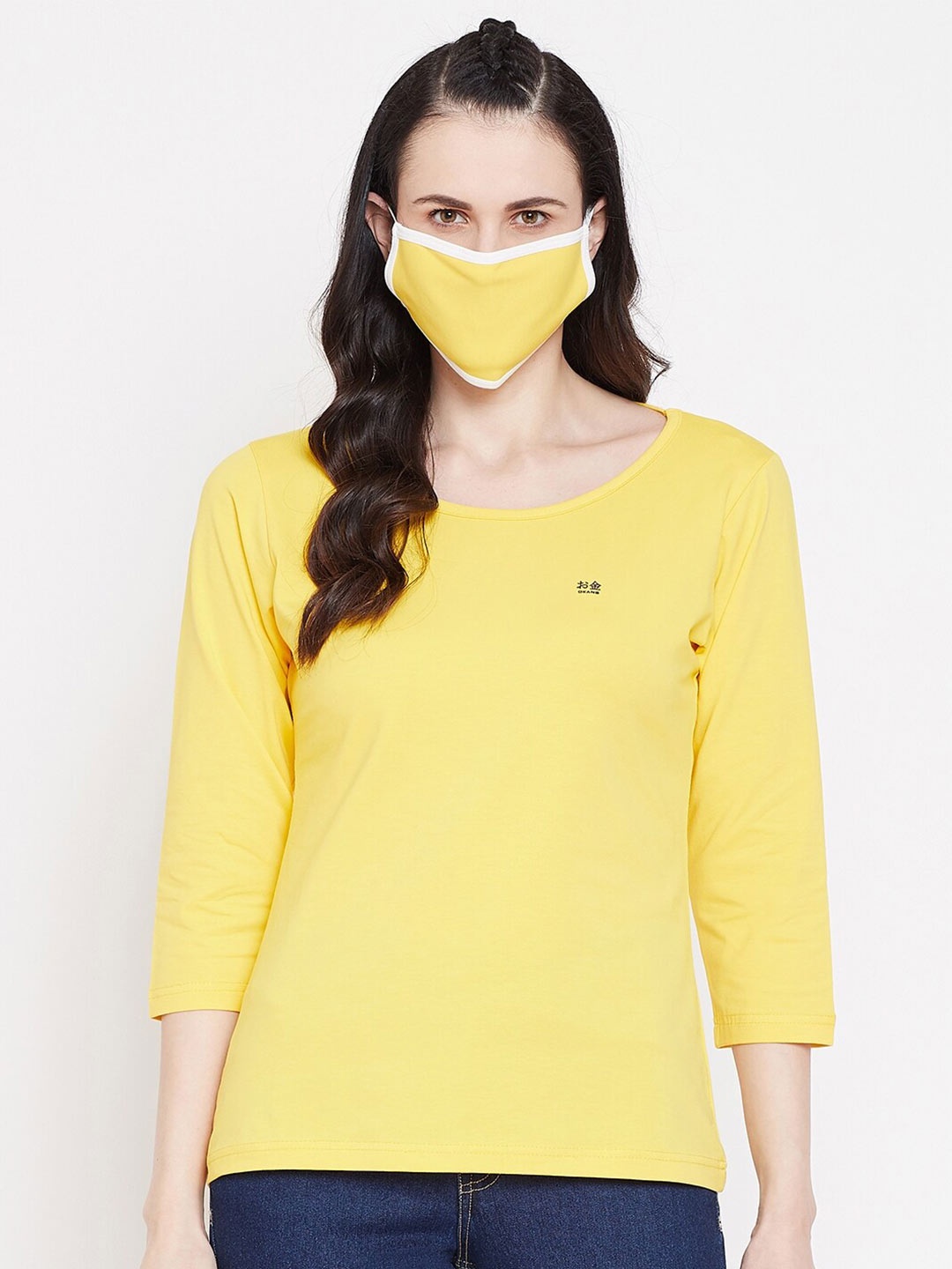

Okane Women Yellow Henley Neck Cotton T-shirt with Mask