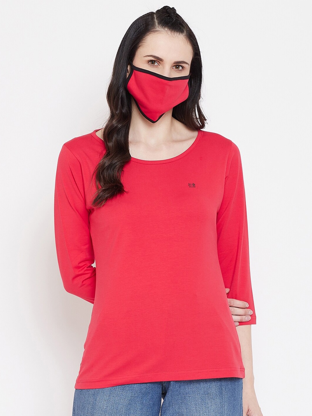 

Okane Women Red V-Neck T-shirt with Mask