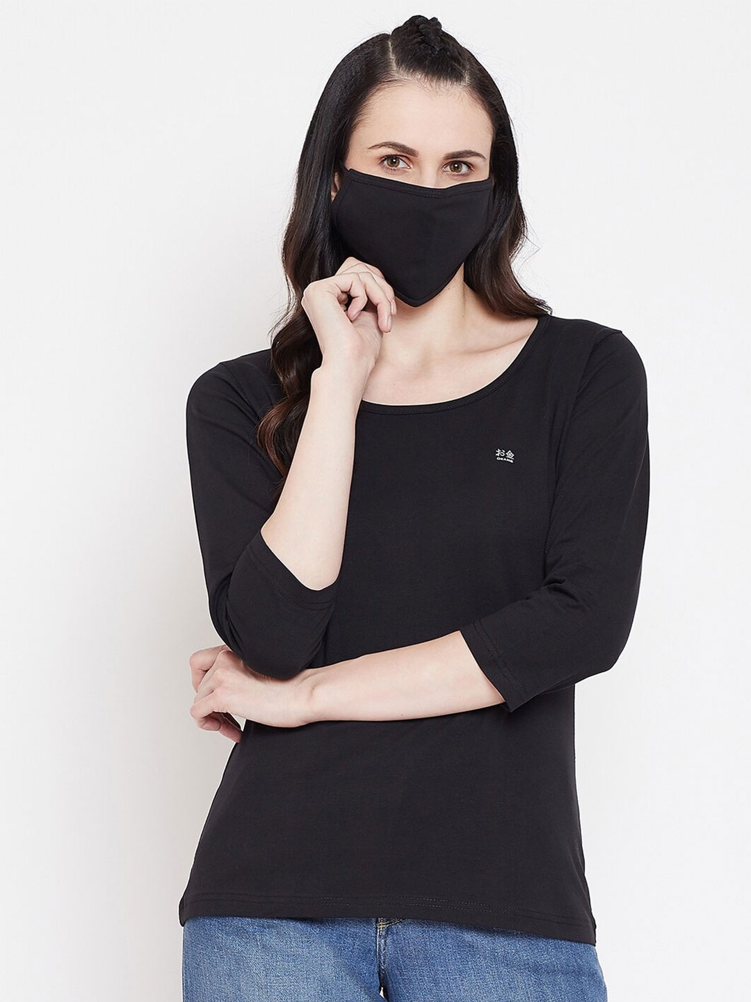 

Okane Women Black Solid T-shirt with Face Mask
