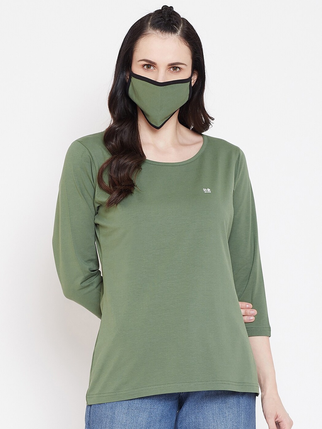 

Okane Women Olive Green Cotton T-shirt with Mask