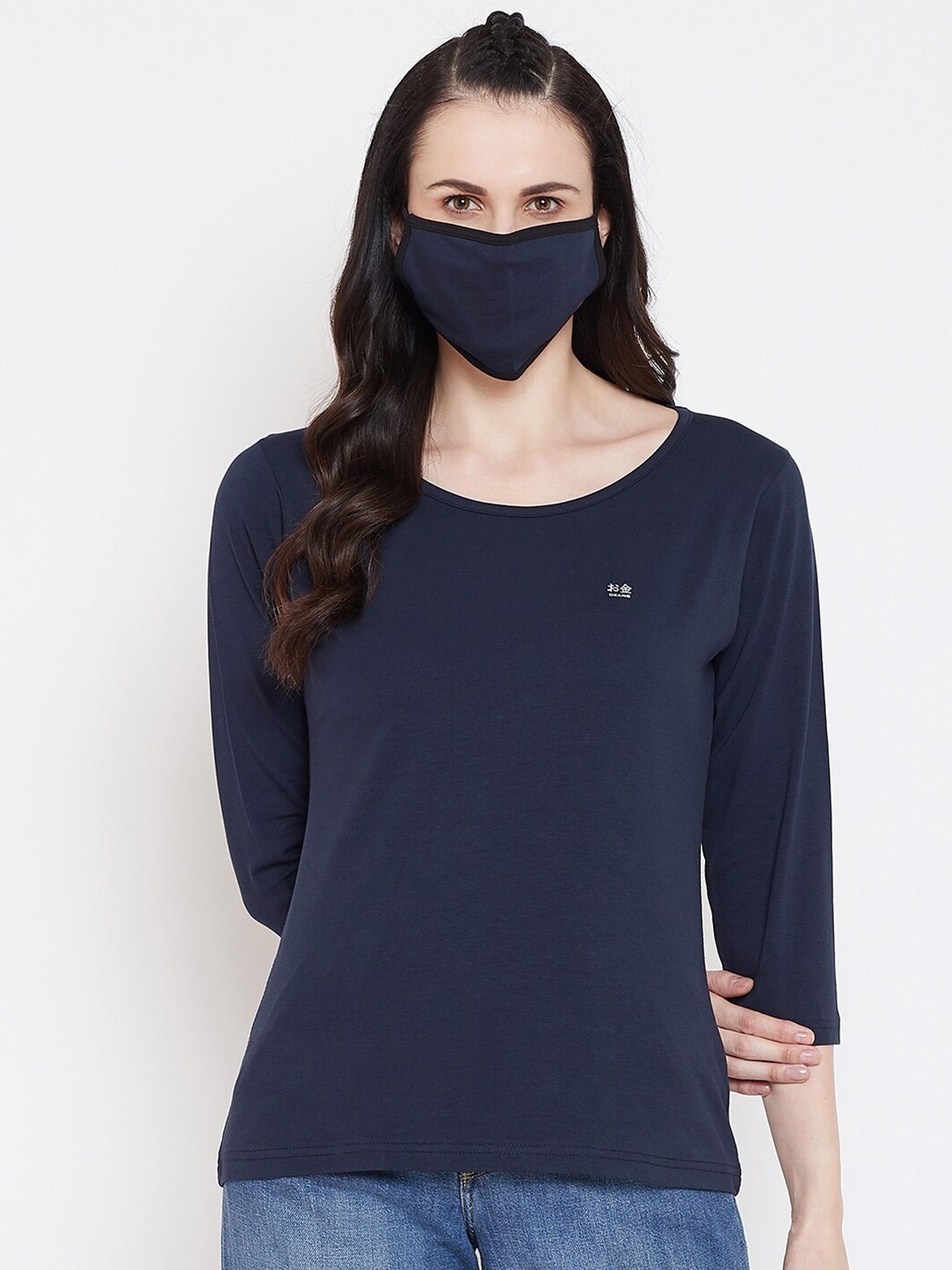 

Okane Women Navy Blue Cotton T-shirt With Mask