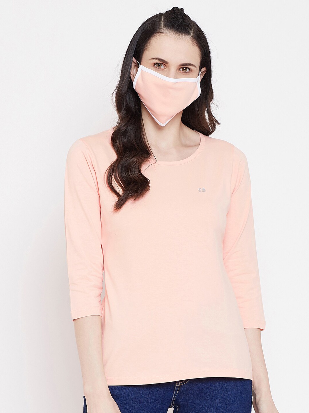 

Okane Women Peach-Coloured Cotton T-shirt with Mask
