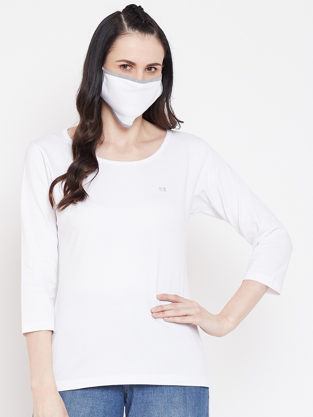

Okane Women White Solid Cotton T-shirt with Mask