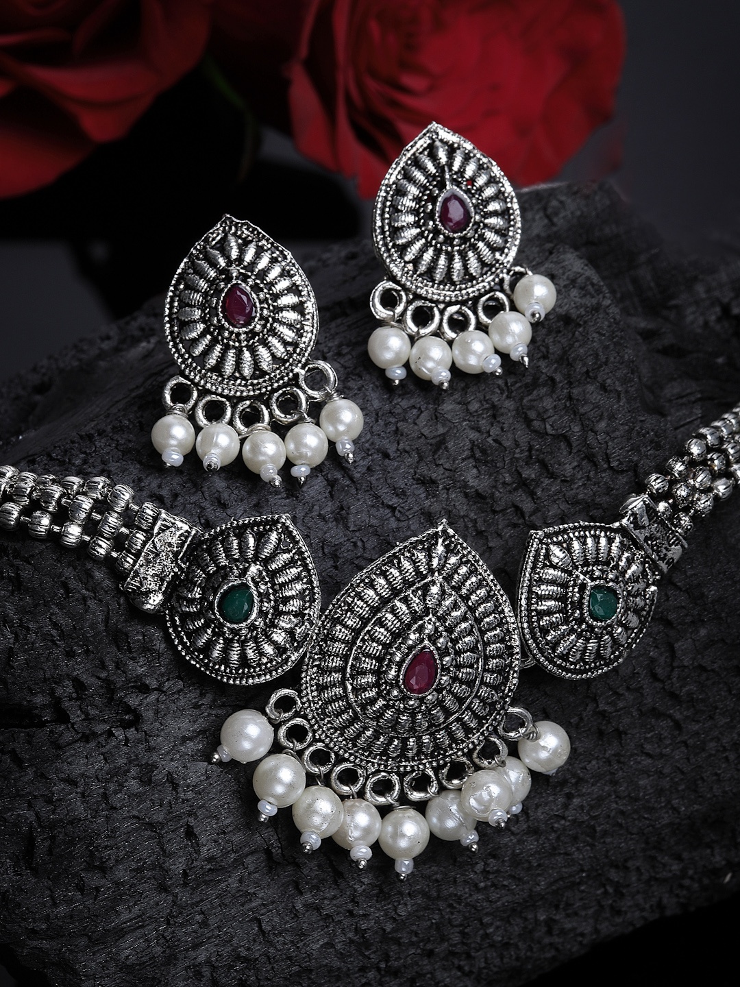 

PANASH Silver-Plated Stone-Studded Pearl Choker Necklace with Earrings