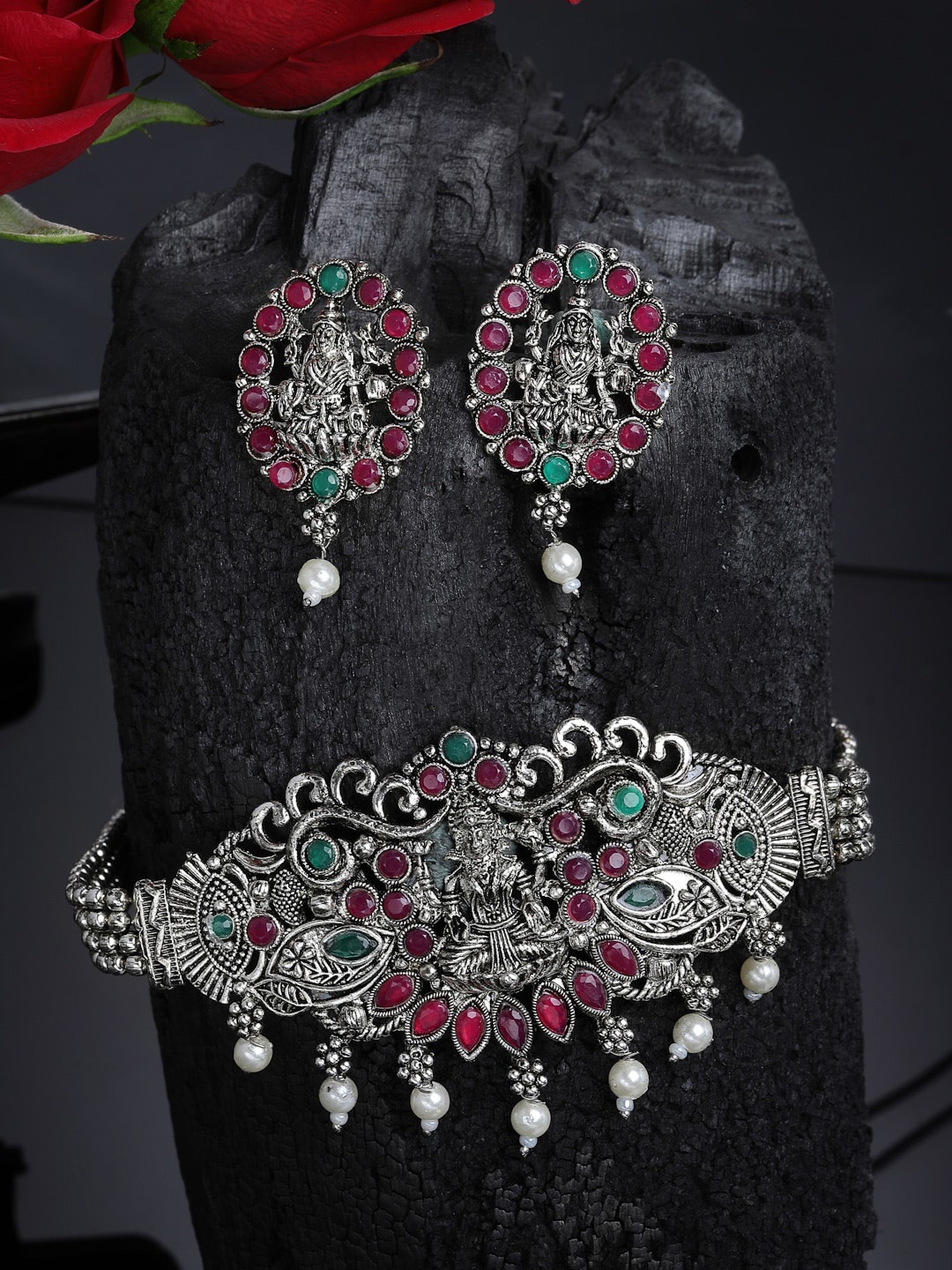 

PANASH Oxidised Silver-Plated & Pink Stones & Beads Jewellery Set