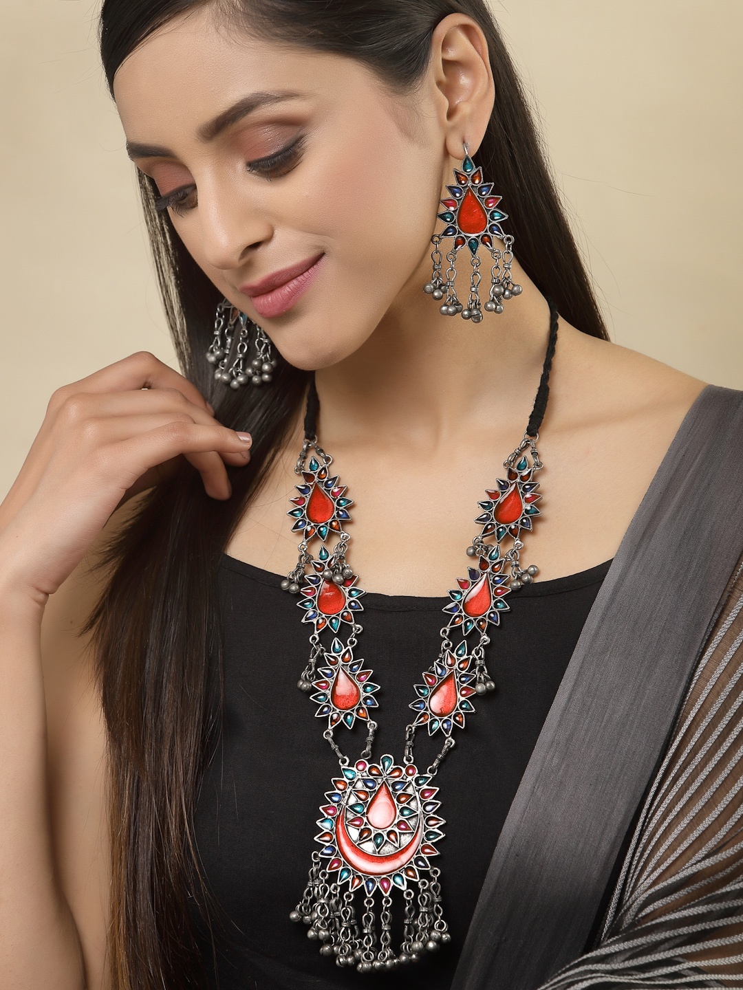 

PANASH Oxidized Silver-Plated Red Beaded Meenakari Jewellery Set