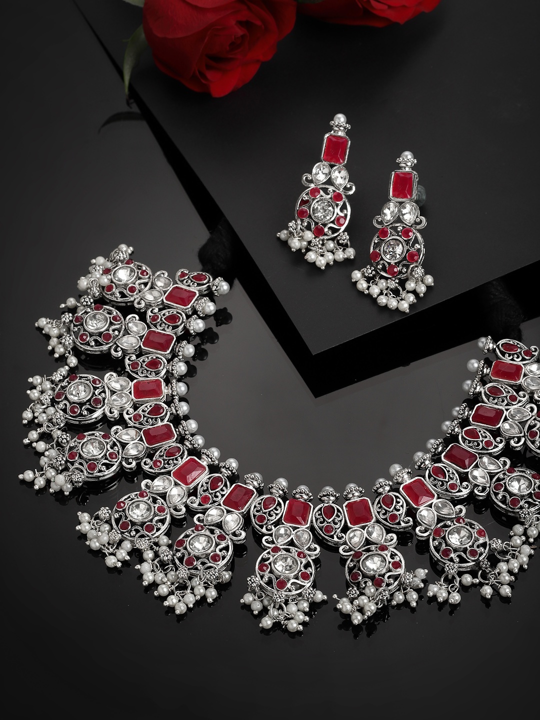 

PANASH Oxidised Silver-Plated Red & White American Diamond Studded Jewellery Set