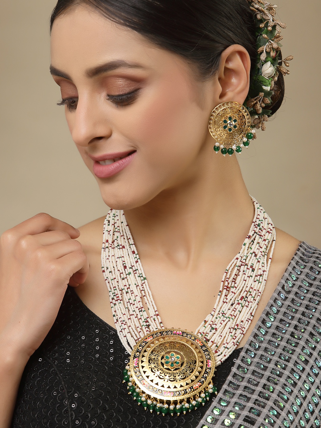

PANASH Gold-Plated Green Pearl-Studded Jewellery Set