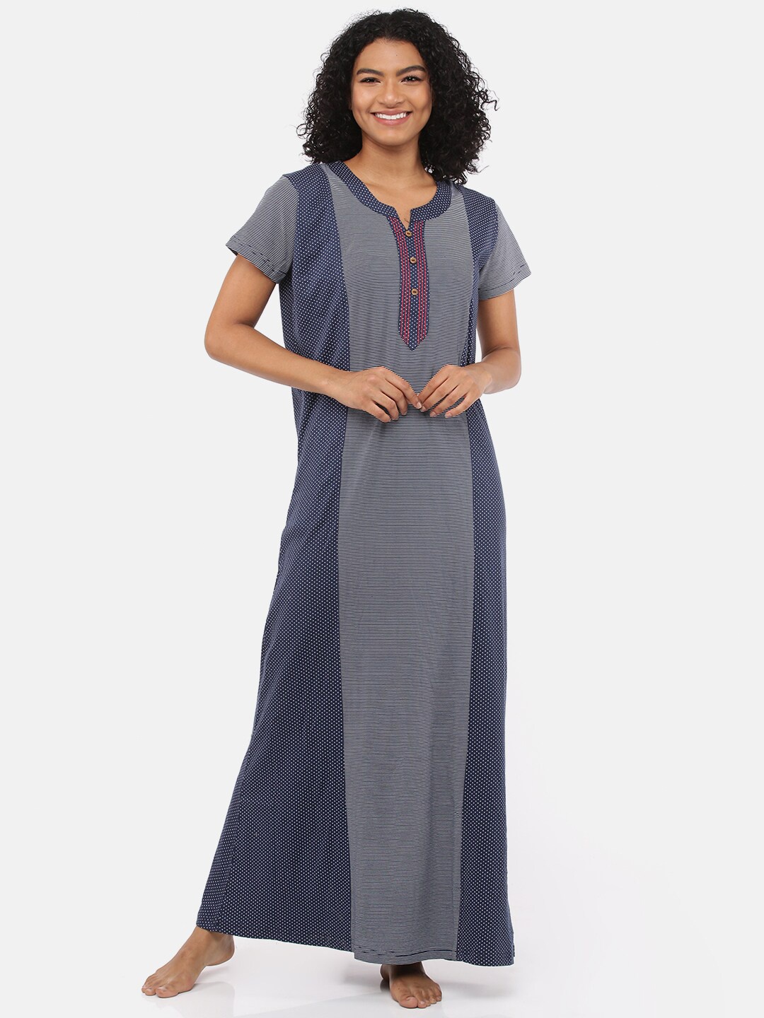

9shines Label Navy Blue Printed Pure Cotton Maxi Nightdress