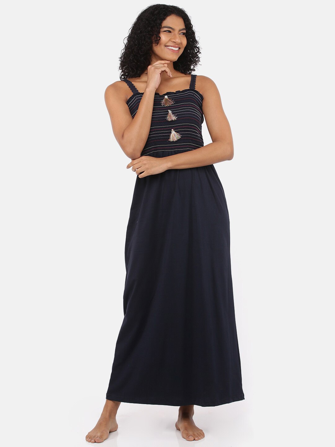 

9shines Label Women Black & Blue Solid Cotton Blend Maxi Nightdress