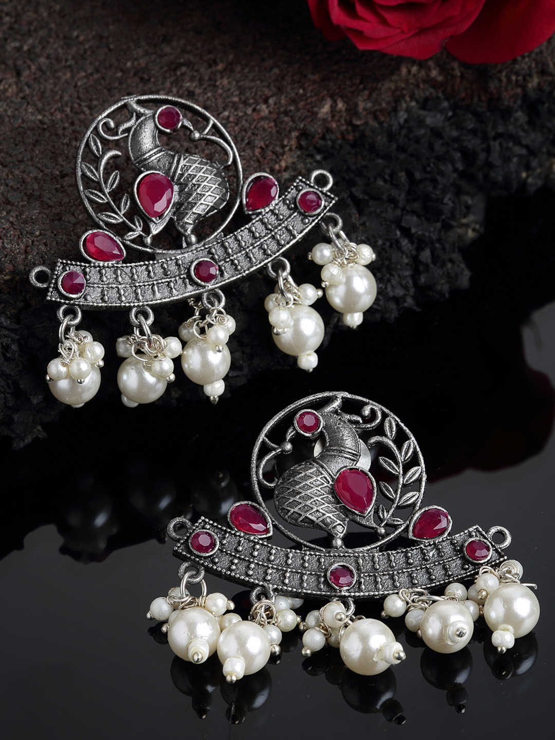

PANASH Silver-Toned Peacock Shaped Drop Earrings