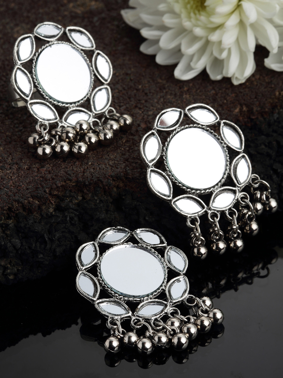

PANASH Silver-Plated Oxidized Mirror Work Drop Earrings with Ring