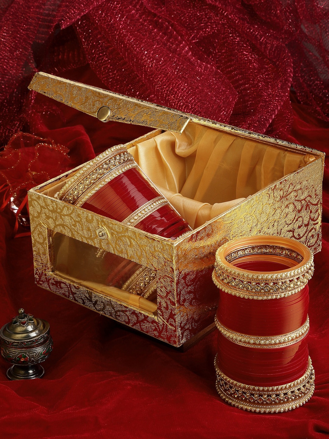 

PANASH Set of 74 Red & Gold-Plated Matching Pearl Bangles Wedding Chuda Set