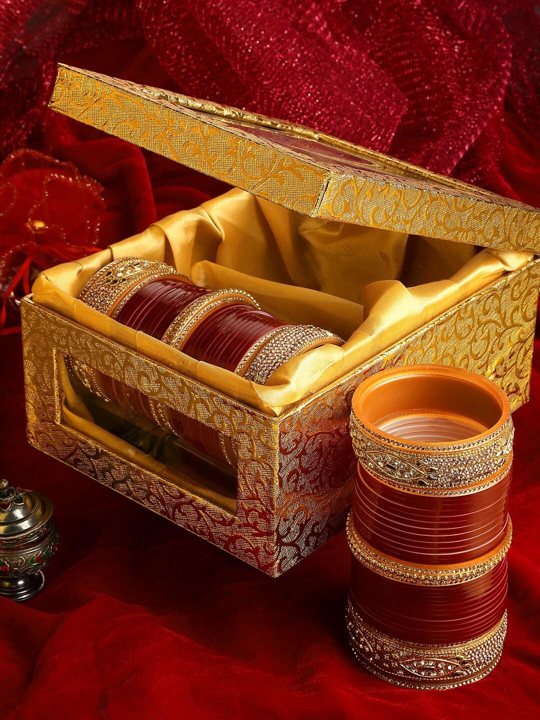 

PANASH Set of 66 Gold-Plated Maroon AD Stone-Studded Wedding Chuda Set