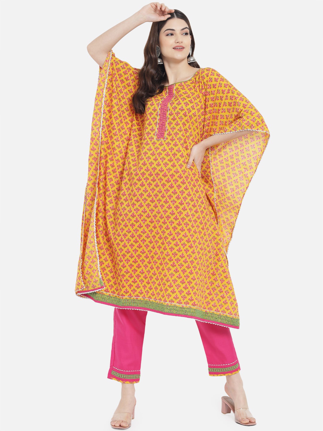 

Kiana Women Yellow & Pink Ethnic Motifs Printed Pure Cotton Kurta with Trousers Set