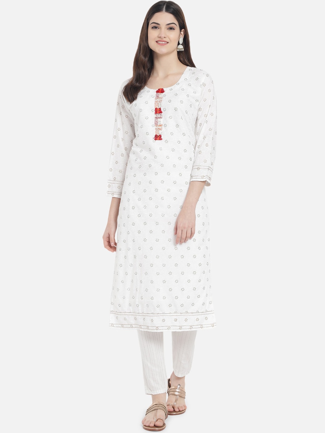 

Kiana House Of Fashion Women White Floral Printed Pure Cotton Kurta with Trousers