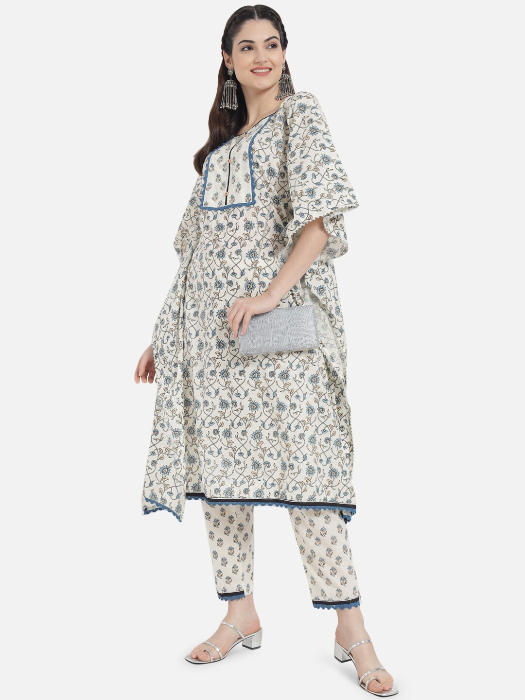 

Kiana Women Off-White & Blue Floral Printed Pure Cotton Kaftan Kurta with Trousers