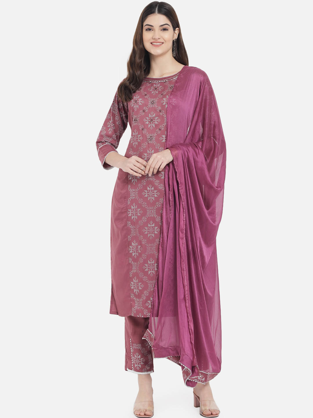 

Kiana Women Burgundy Ethnic Motifs Printed Kurta with Trousers & Dupatta