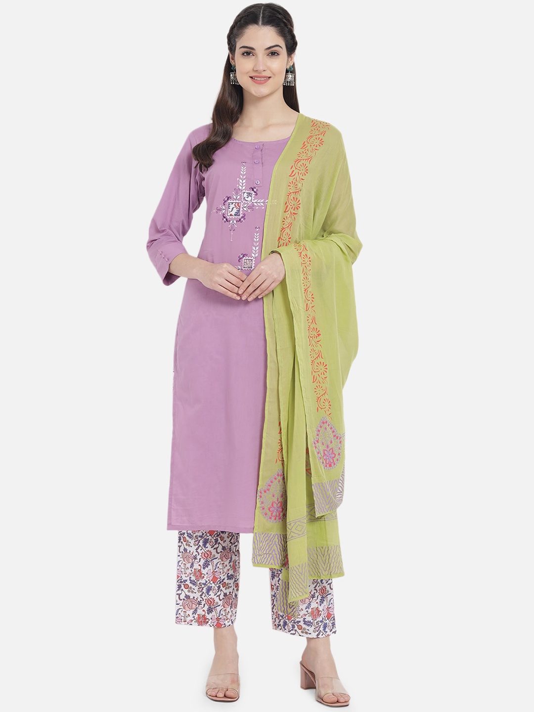 

Kiana Women Purple Floral Embroidered Pure Cotton Kurta with Trousers & Dupatta