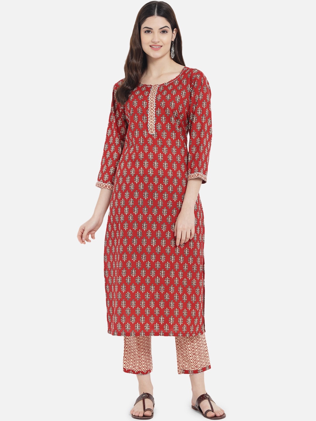 

Kiana Women Red & Beige Ethnic Motifs Printed Pure Cotton Kurta with Trousers Set