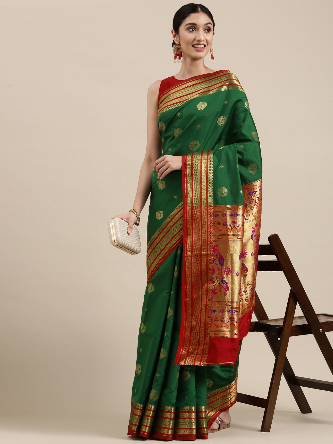 

Mitera Green & Golden Ethnic Motifs Zari Silk Blend Paithani Saree