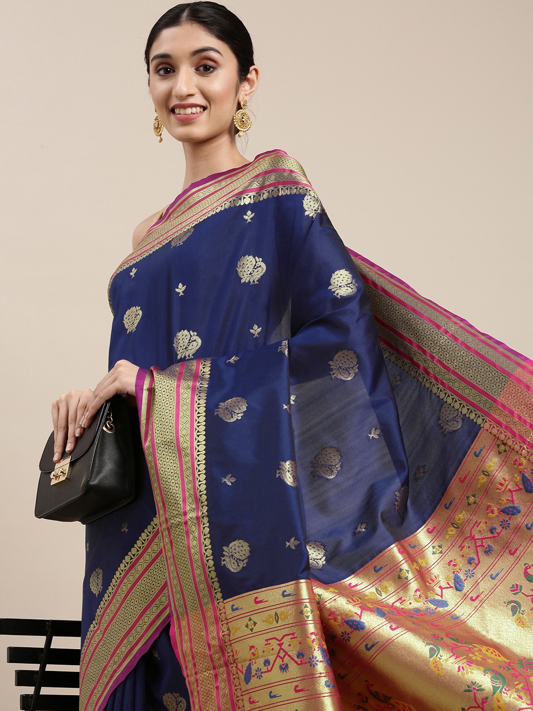 

Mitera Navy Blue & Golden Ethnic Motifs Zari Silk Blend Paithani Saree