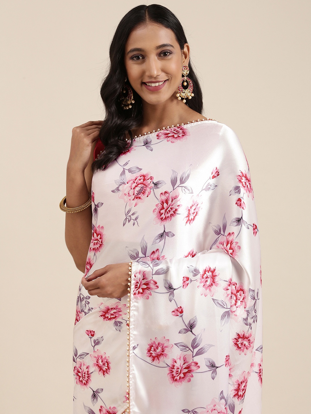 

Satrani White & Pink Floral Printed Satin Saree