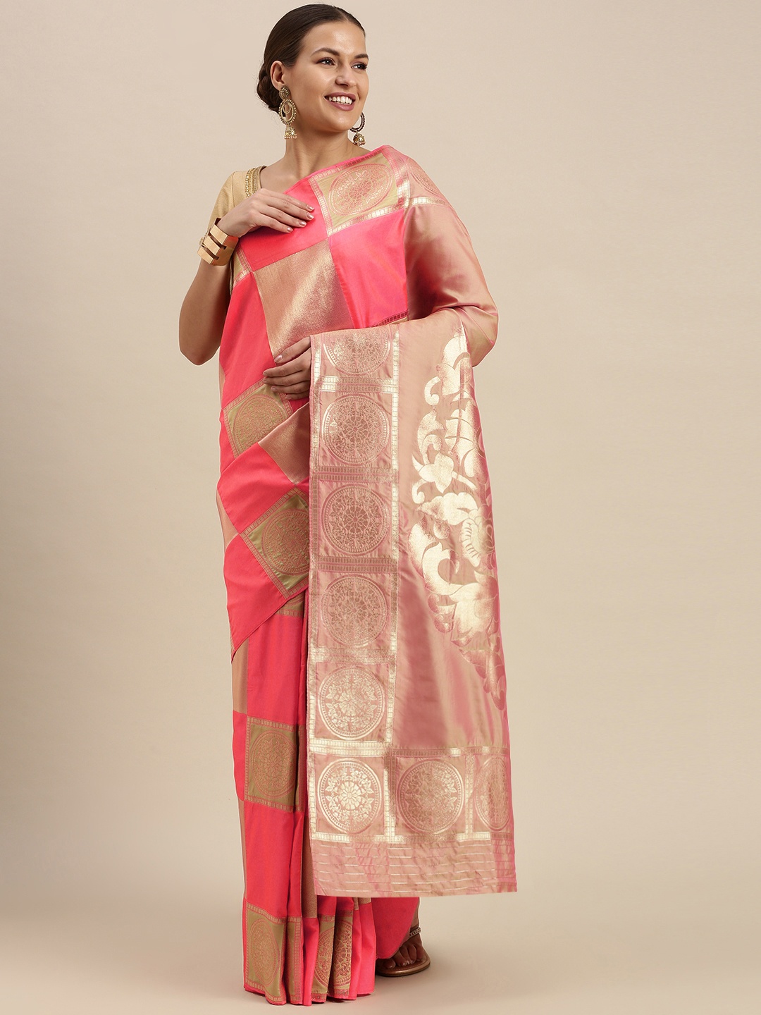 

SANGAM PRINTS Neon Orange & Golden Checked & Ethnic Motifs Zari Pure Silk Saree