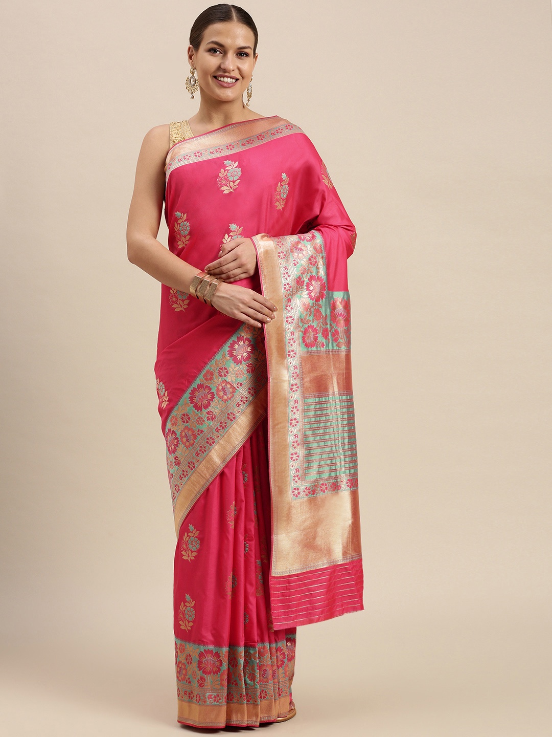

SANGAM PRINTS Fuchsia Pink & Golden Ethnic Motifs Zari Pure Silk Saree