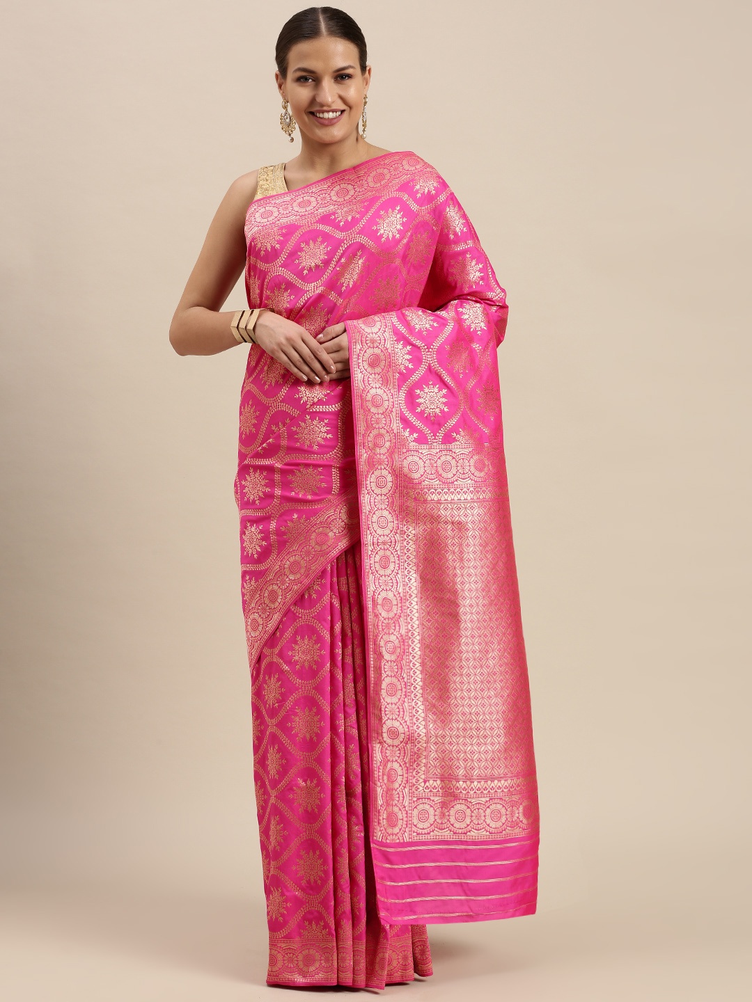 

SANGAM PRINTS Pink & Golden Ethnic Motifs Zari Pure Silk Banarasi Saree