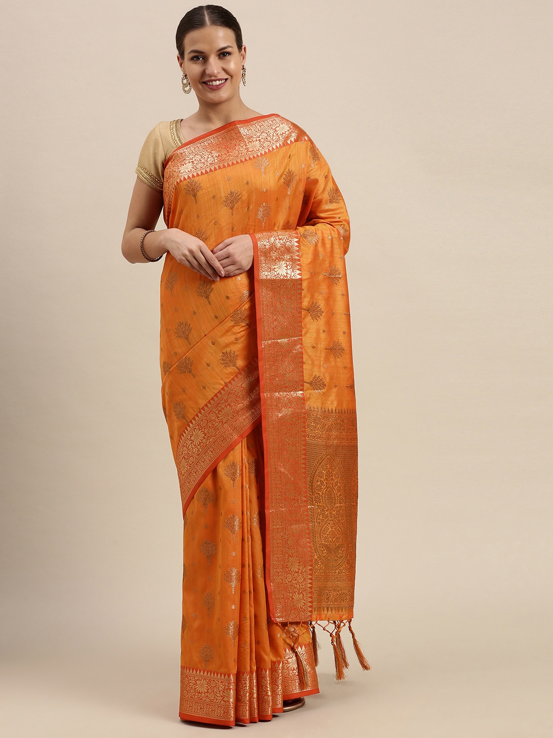 

SANGAM PRINTS Orange & Golden Ethnic Motifs Zari Pure Silk Saree