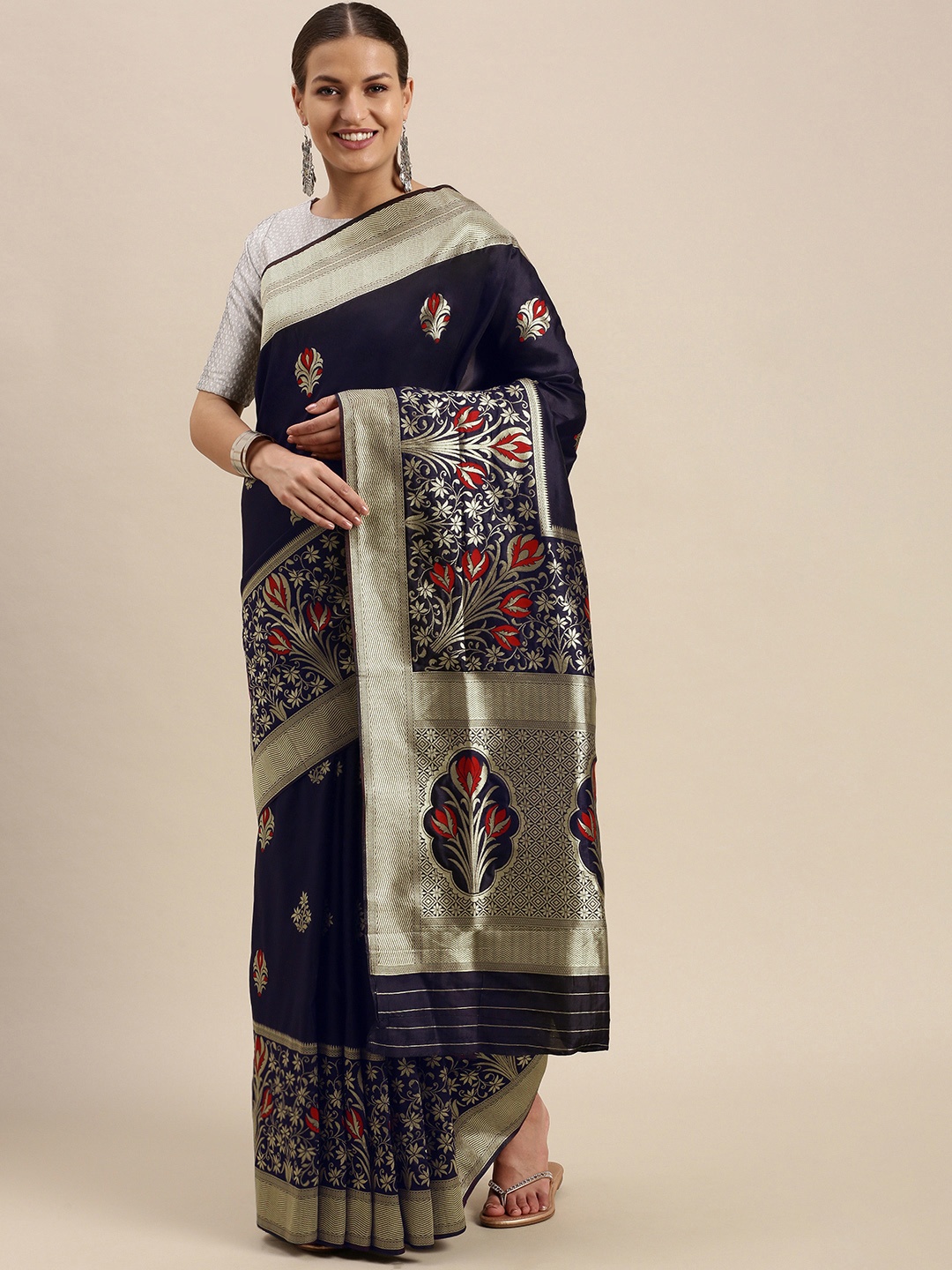 

SANGAM PRINTS Navy Blue & Charcoal Grey Ethnic Motifs Zari Pure Silk Banarasi Saree