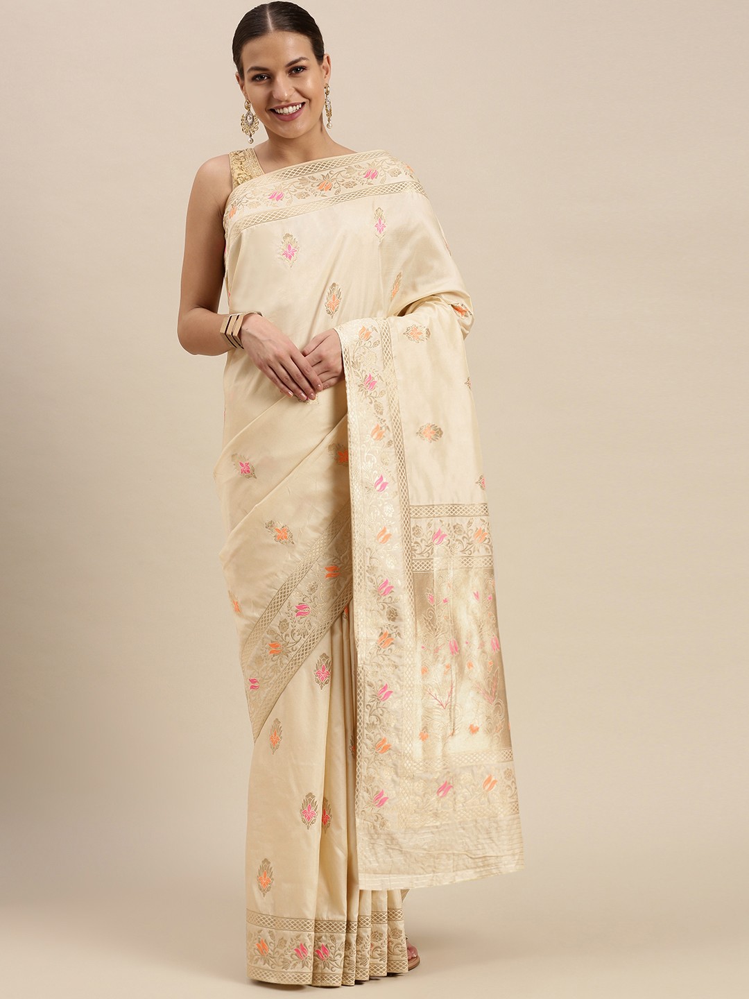 

SANGAM PRINTS Cream-Coloured & Golden Ethnic Motifs Zari Pure Silk Saree